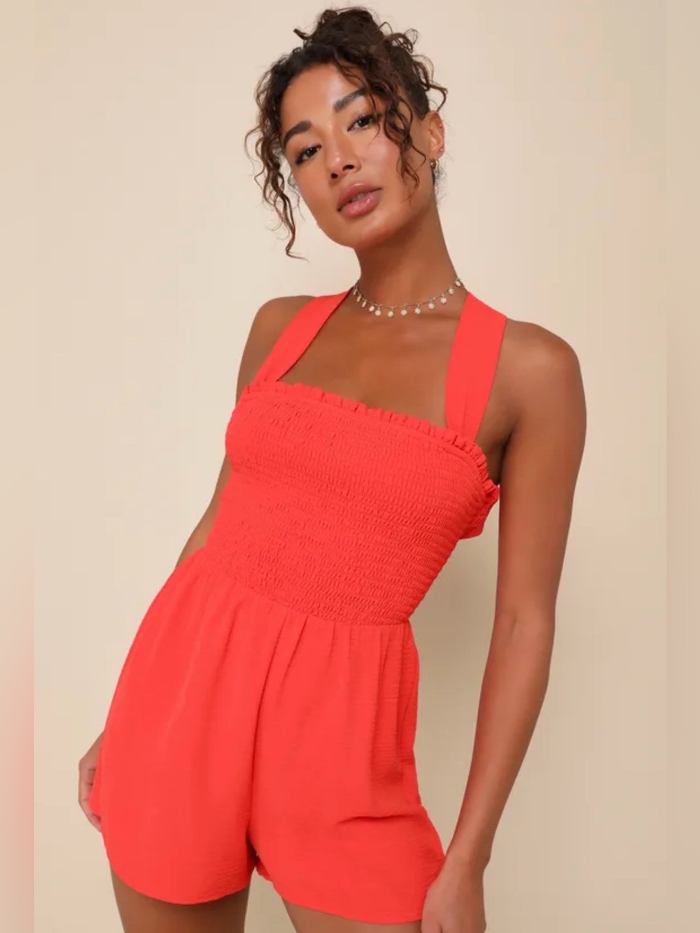Lulu's Coral Smocked Halter Romper